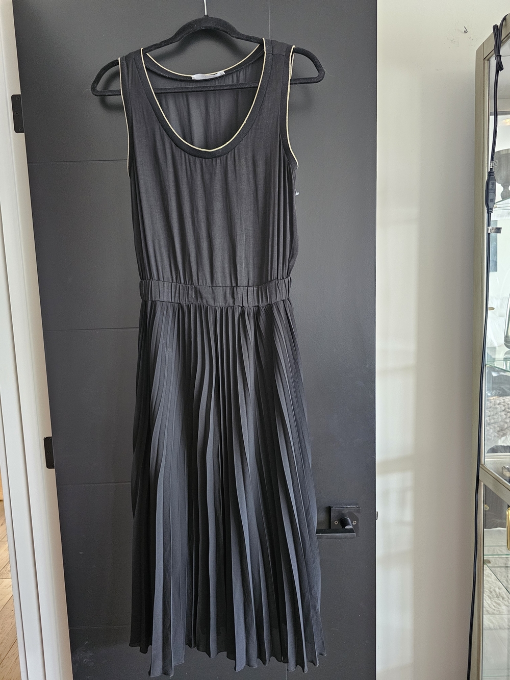 Promod Black Sleeveless Pleated Midi Dress with Gold Trim